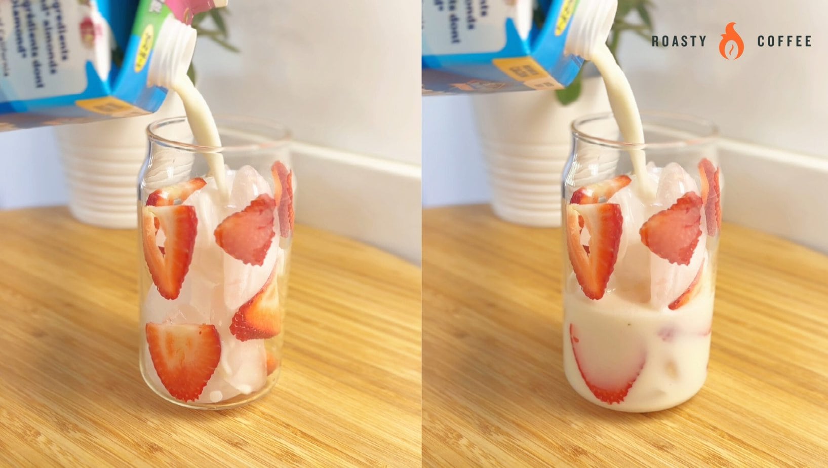 加牛奶玻璃草莓片和冰