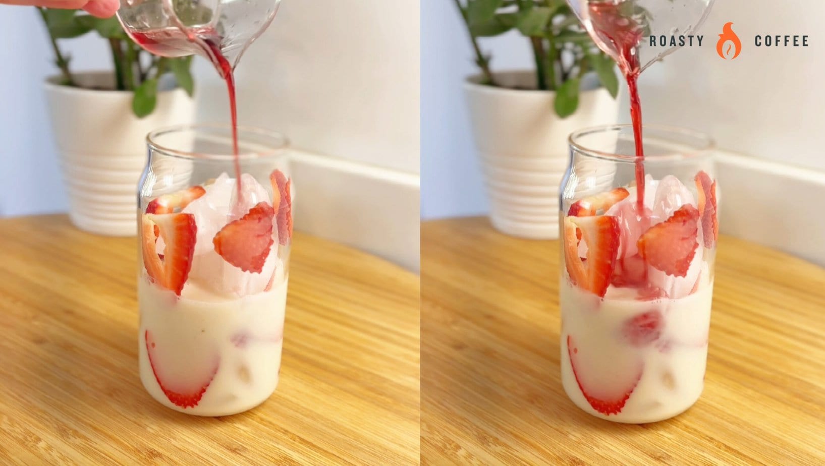 草莓糖浆加草莓切片、牛奶和冰